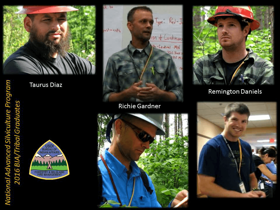 Top Row: Taurus Diaz, Southwest Regional Office at a field session in Minnesota; Richie Gardner, Confederated Tribes of the Umatilla Indian Reservation gives a presentation to 35 students regarding climate change and silvicultureal strategies; and Remington Daniels, Colville Tribes listening to instructor at field session in Minnesota. Bottom Row: Richie Gardner documents data during field session in Minnesota; Remington Daniels preparing for class presentation.