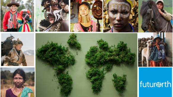 A collage shows portraits of Indigenous youth from around the world, foliage in the shape of a world map, and the Future Earth logo.